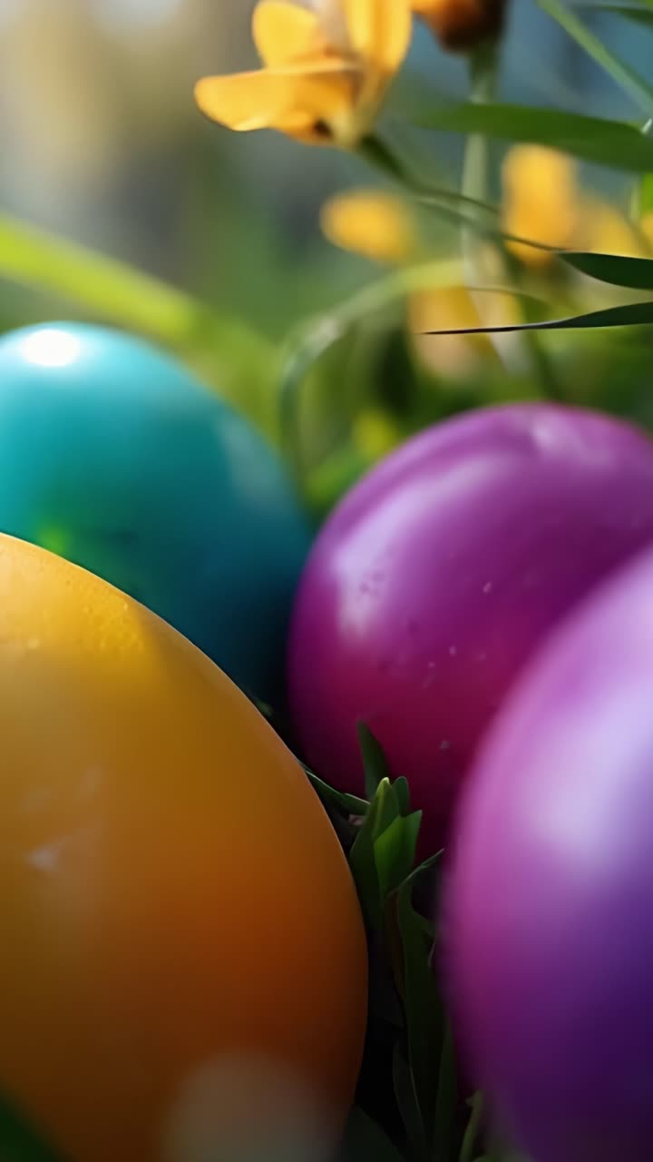 Ovos de Páscoa Vibrantes Escondidos Entre Grama Verde Fresca e Flores Silvestres, Capturando a Essência da Celebração da Primavera em um Cenário de Jardim Colorido