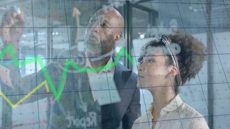 animation of financial data processing over diverse business people in office