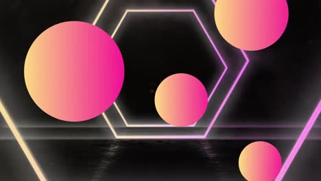 Animation-of-a-tunnel-of-neon-glowing-geometric-hexagon-moving-with-four-pink-to-yellow-spheres-on-b