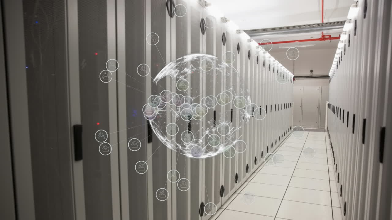 Animazione di globo e icone multimediali su sala server
