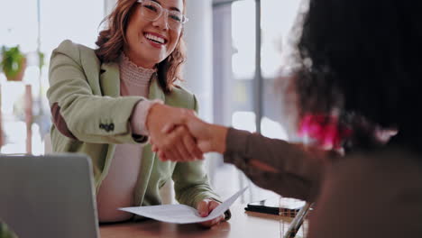 business woman, interview and handshake in meeting