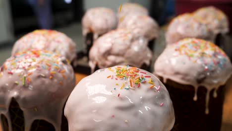 close-up view of multiple decorated easter breads