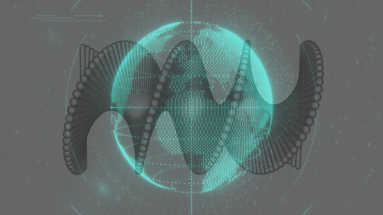 Camera orbiting, cyan mesh globe rotating and pulsing as code columns scrolling, visualizing data