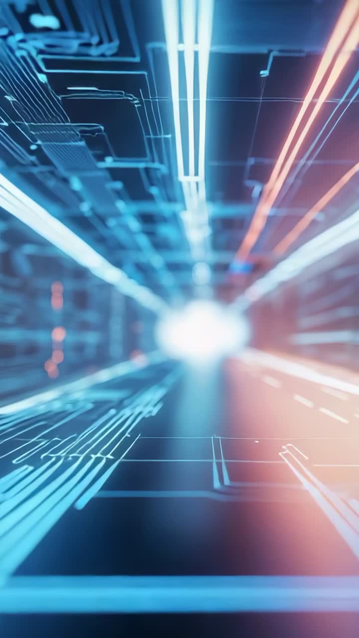 Vertical video: Loading view racing in neon-blue circuit tunnel, orange accents flickering