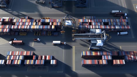 aerial view of a busy shipping port with cranes, trucks, and containers