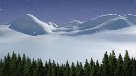 Animation-of-snow-falling-over-fir-trees-and-winter-landscape