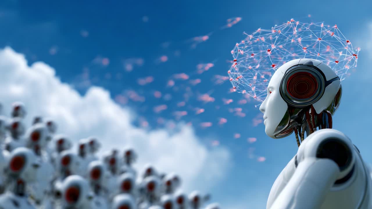 A Thoughtful Robot Contemplates the Future with a Networked Mindset, Surrounded by a Collective of Mechanical Beings in a Digital Landscape