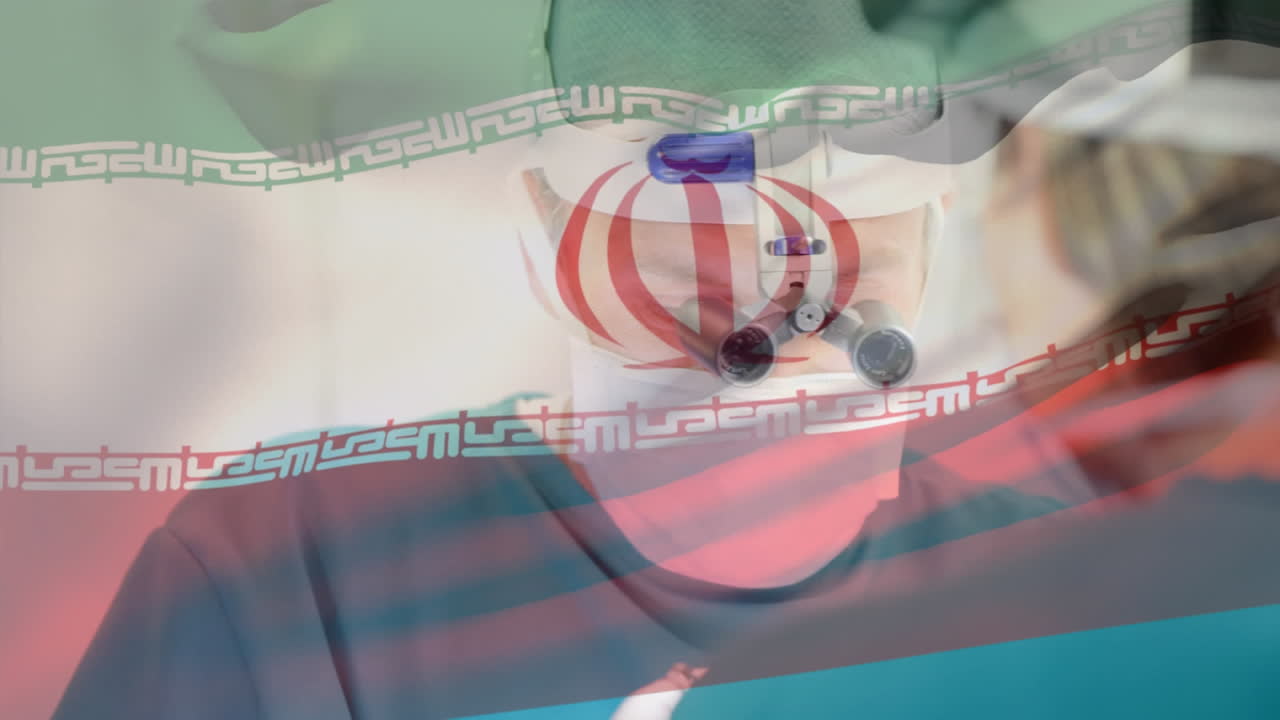 이란 국기가 수술실에서 외과의사들을 향해 흔들리는 애니메이션