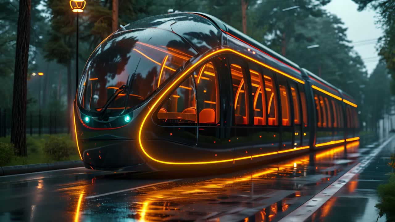 Futuristic Tram on a Wet Road at Night