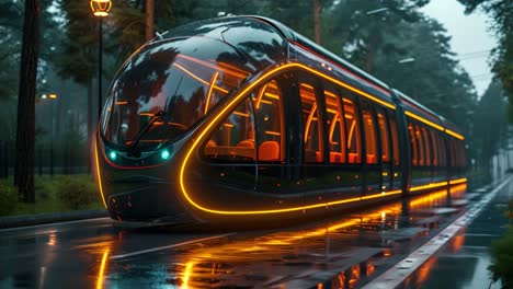 futuristic tram on a wet road at night