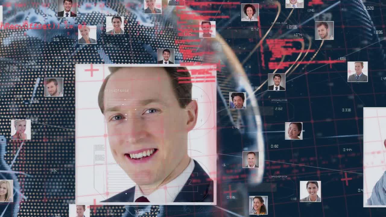 сеть икон бизнес-профиля на фоне обработки данных и вращающегося глобуса на синем фоне