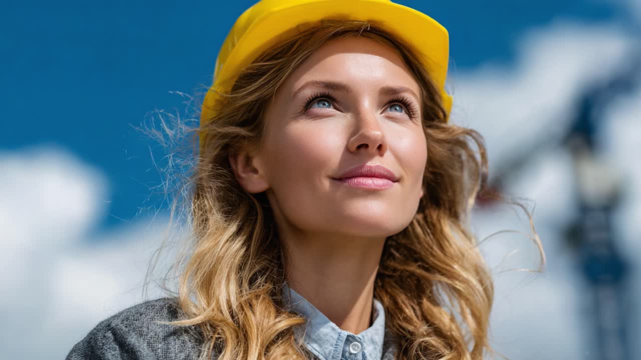 Confident Construction Worker in Safety Gear Looking Upwards with Optimism on a Bright Day, Symbolizing Hope and Progress in the Industry
