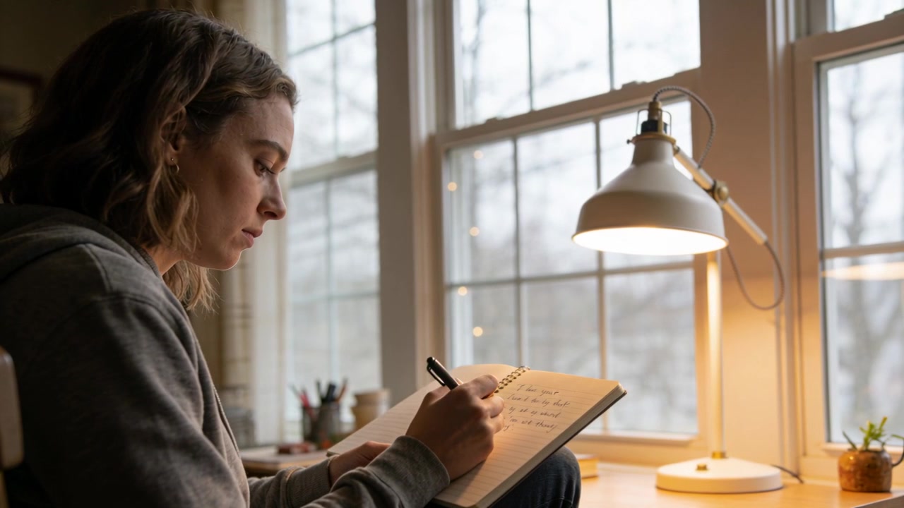 Opening notebook, woman in gray hoodie writing and reading back, resuming journaling at home desk