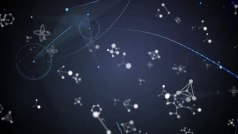 Animation-of-molecules-and-network-of-connections-over-black-background