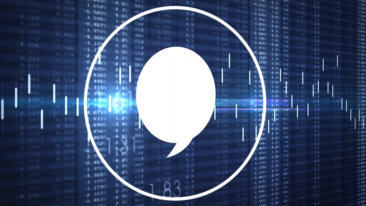 Speech bubble animation over financial data processing on digital screen