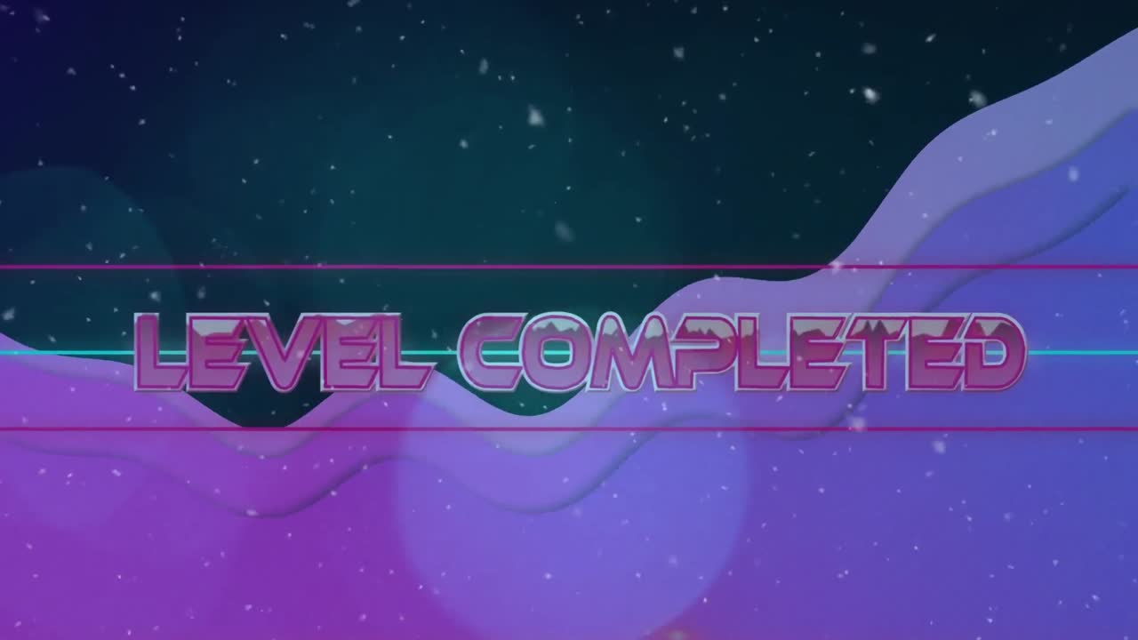 하 ⁇  입자가 밝은 반점과 보라색 추상적인 모양에 대해 완성 된 텍스트 수준을 넘어 떨어집니다.