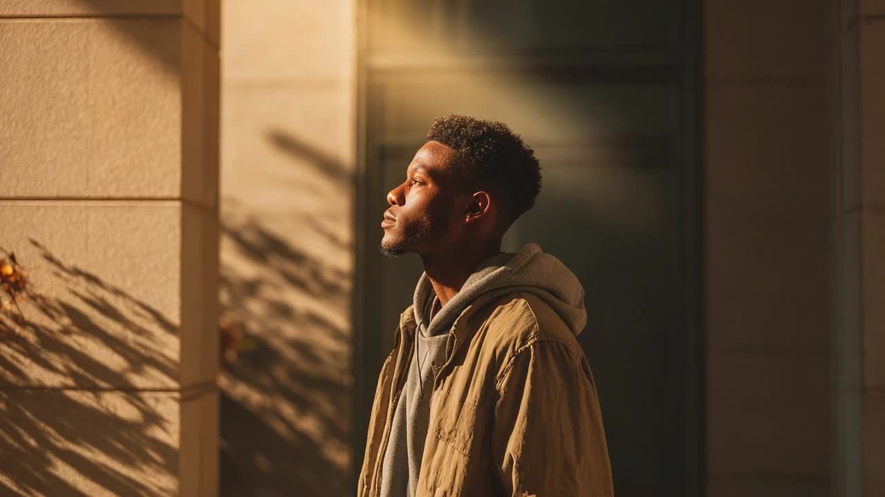 Man standing in sunlight against a wall in a city setting