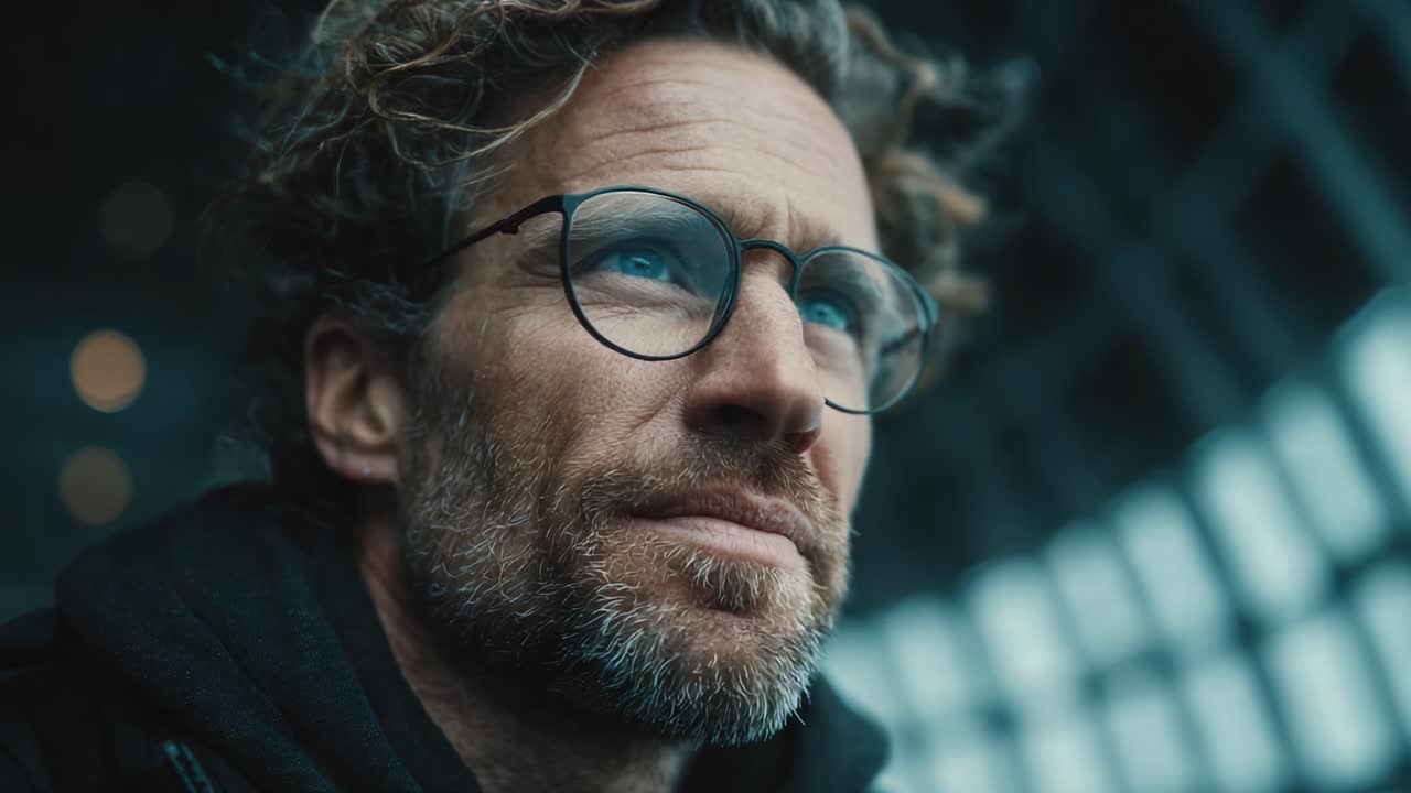 A Thoughtful Man with Glasses Reflects on Life's Challenges in an Urban Environment as He Gazes into the Distance with Determination and Introspection