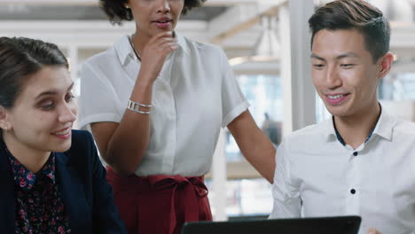 business woman team leader training interns using laptop computer pointing at screen sharing creative ideas helping colleagues discussing project teamwork in modern office 4k