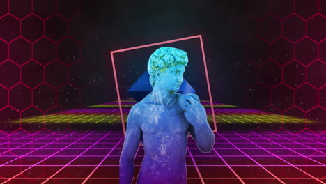 animation of glitched male stature over squares and grid pattern over black background