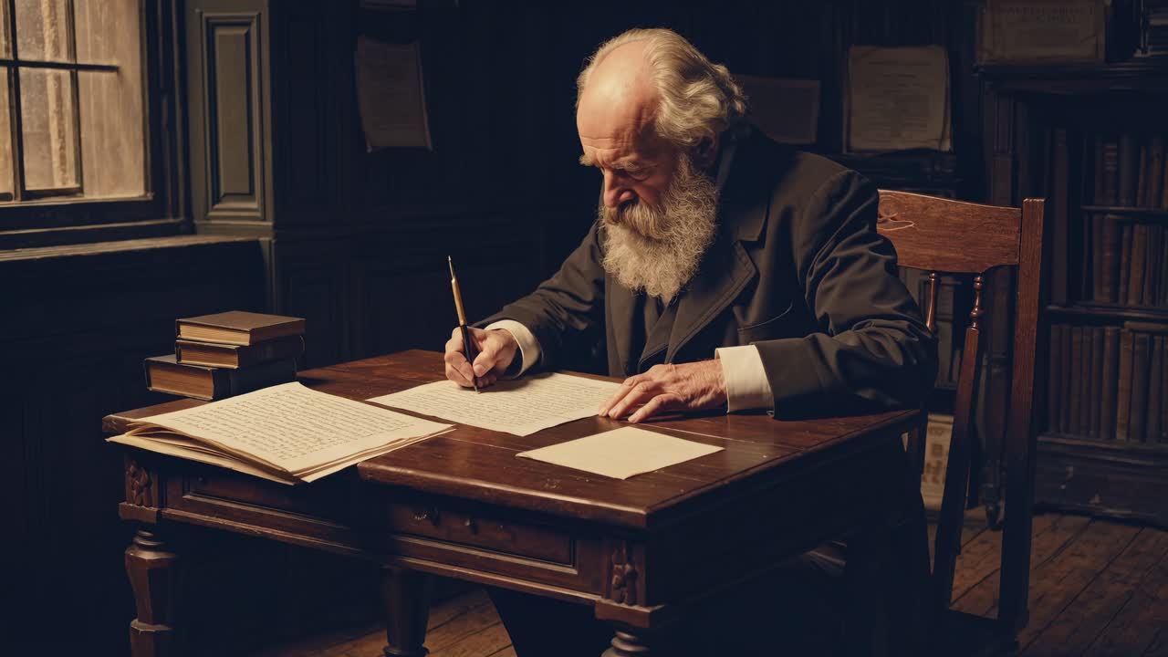 Black and white video still of a bearded man in a suit, captured from a frontal angle