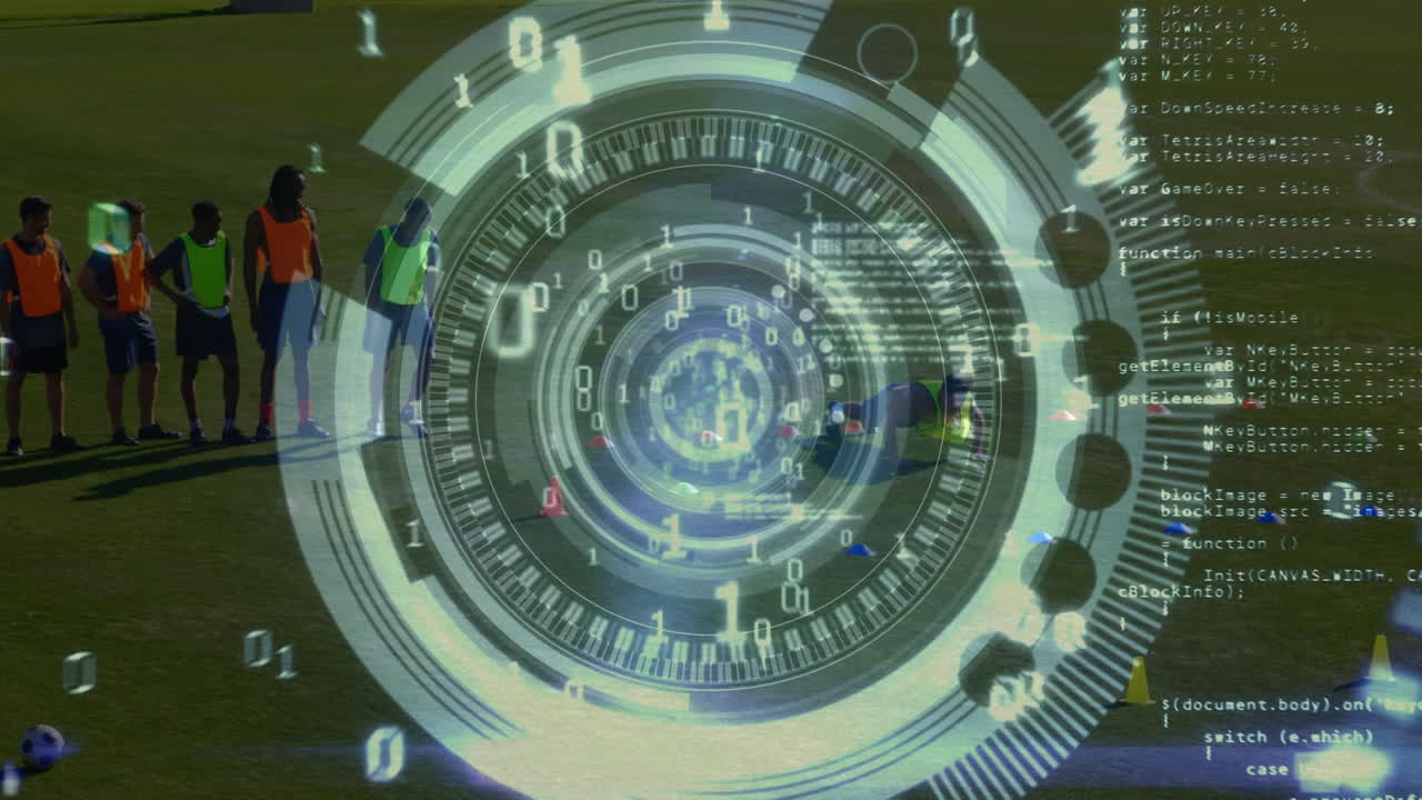 경기장에서 다양한 남성 축구 선수들에 대한 데이터 처리 및 바이너리 코드의 애니메이션