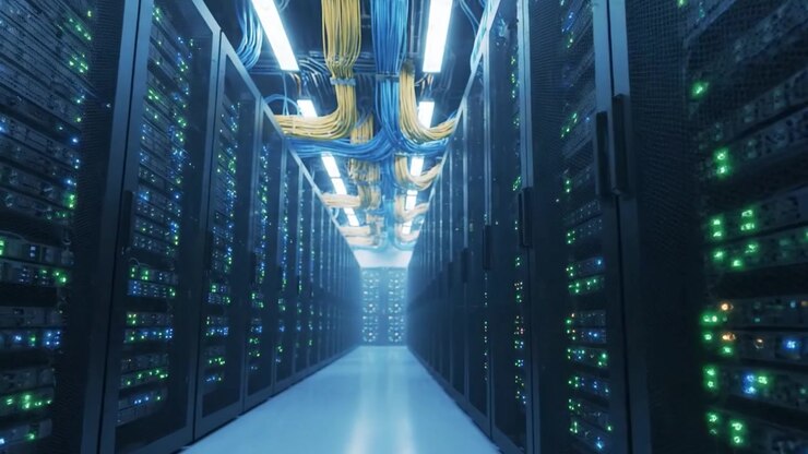 Expansive Data Center Interior with Illuminated Server Racks and Neatly Organized Cables, Showcasing Advanced Technology and Efficient Connectivity Systems