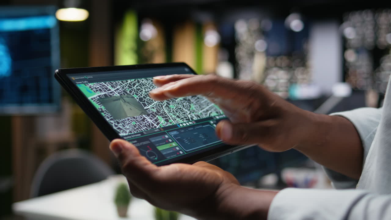 Hands Interacting with Digital Tablet Displaying Code and Map