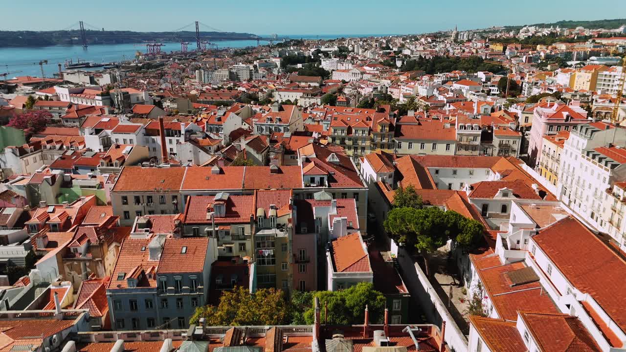 Aerial View of Lisbon, Portugal with Red Rooftops and Coastline