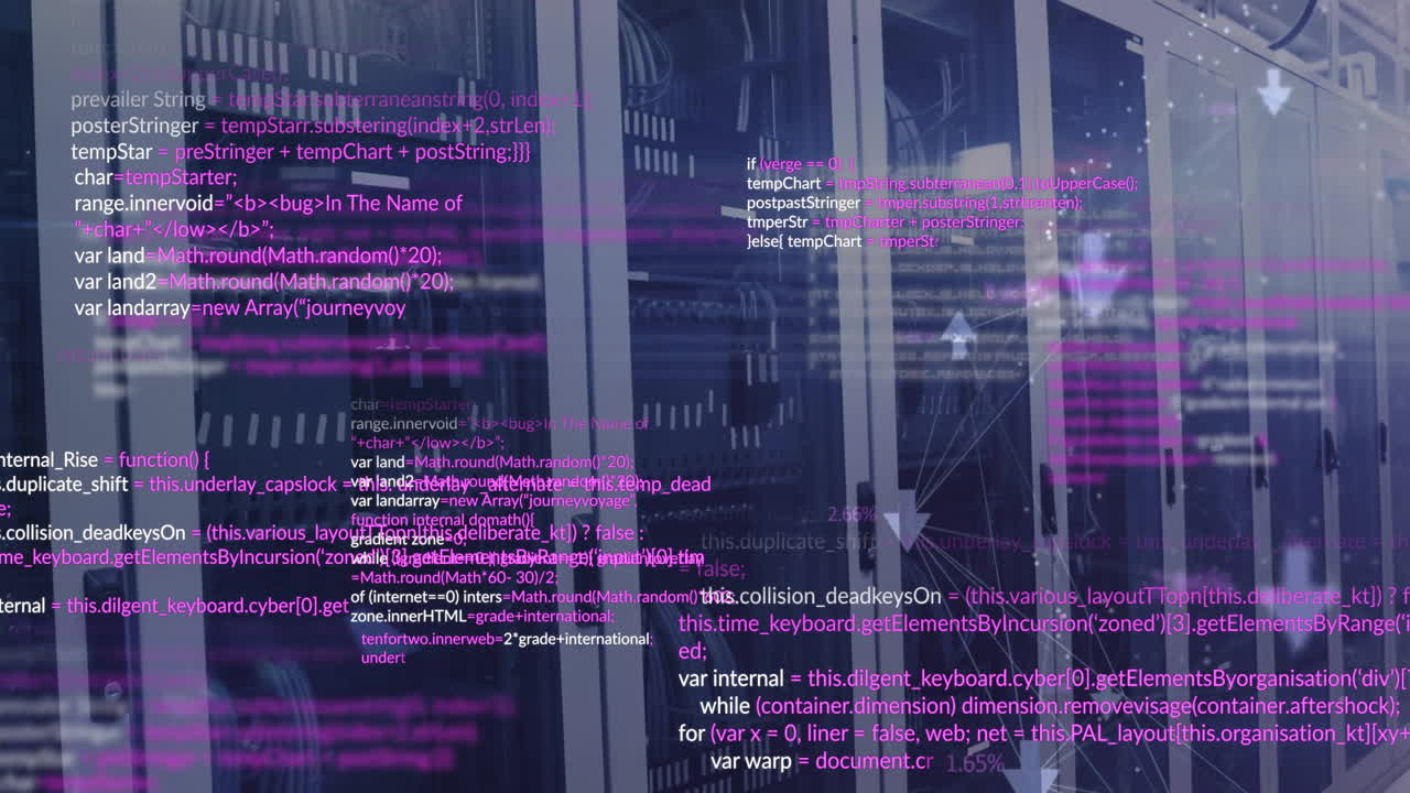 animación de flechas conectadas y lenguaje informático sobre bastidores de servidores de datos en la sala de servidores