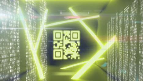 Animation of qr code over neon shapes and moving columns on black background