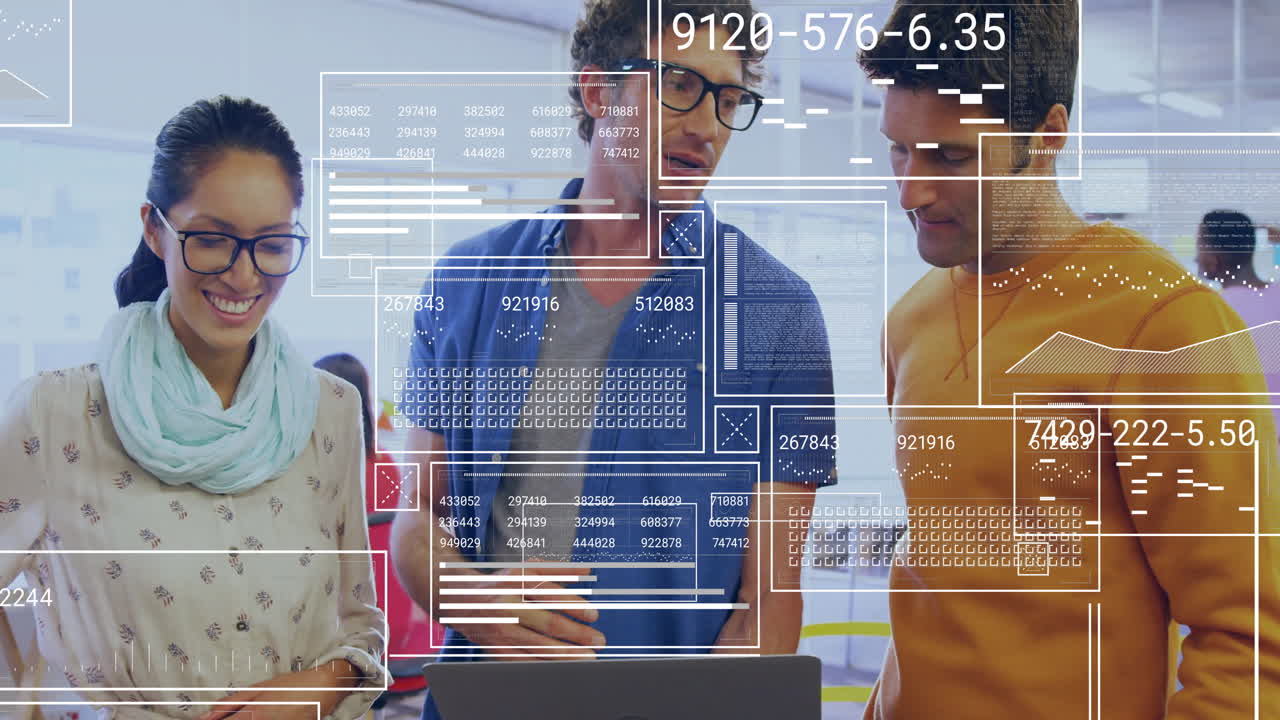 Three colleagues collaborating around laptop in business office, using floating charts and graphs