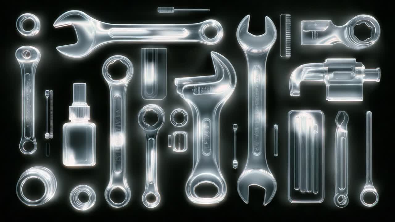 Professional mechanic's toolkit featuring wrenches, spanners, and other hardware scanned in a continuous x ray style animation, revealing the inner structure of each metallic instrument