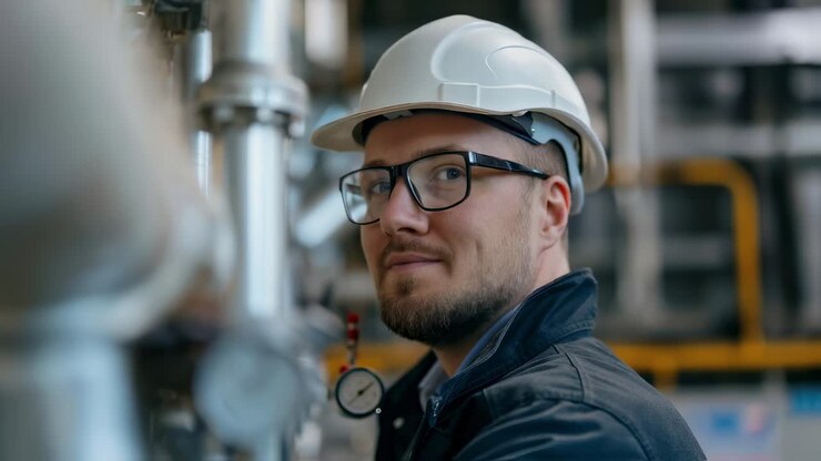 Engineer wearing a safety helmet and glasses carefully monitors pressure gauges and pipelines within a factory setting, ensuring smooth operations and safety protocols