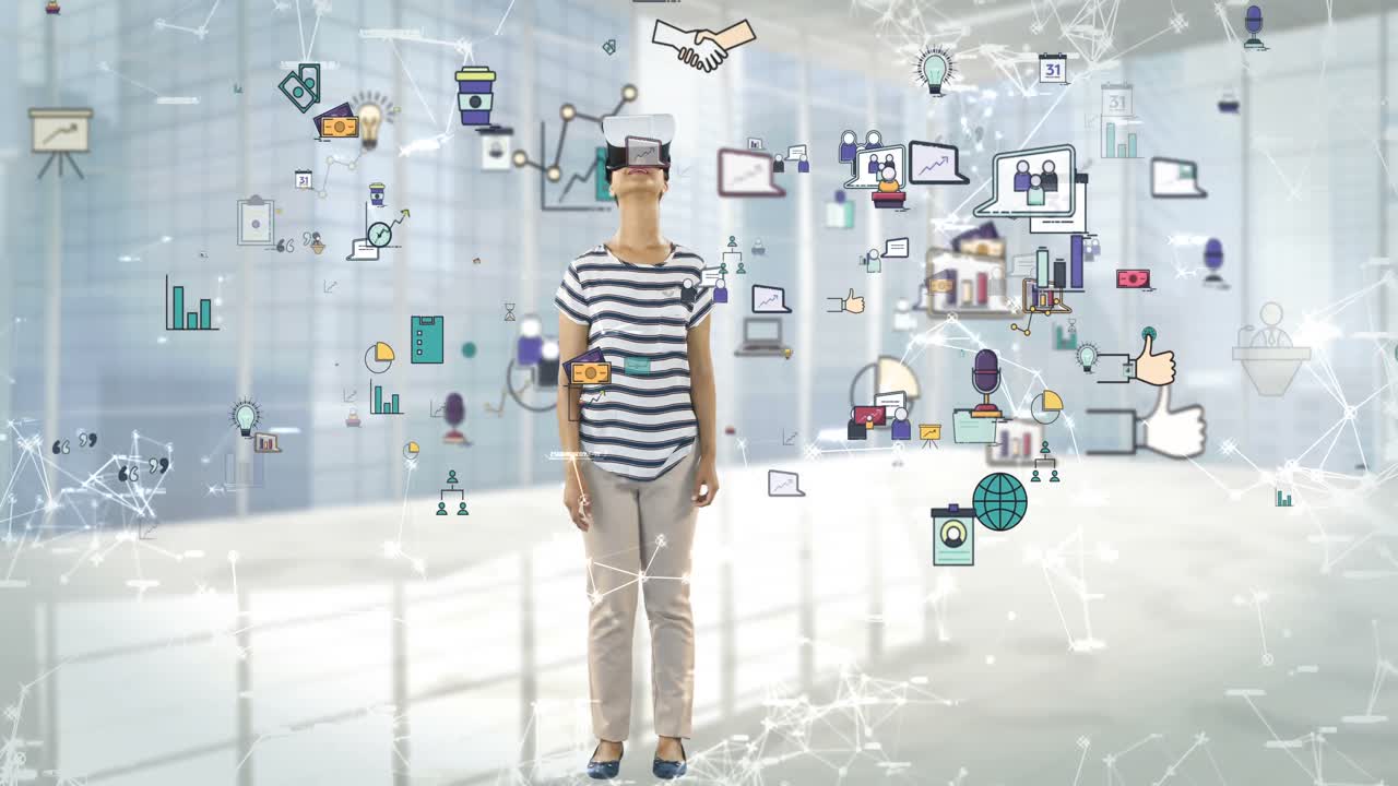 디지털로 생성된 비즈니스 아이콘 4k와 함께 가상 현실 헤드 ⁇ 을 사용하는 여성