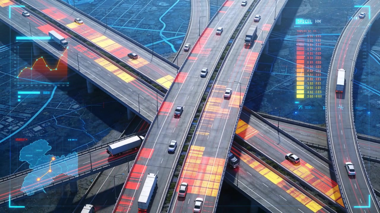 Visualizzazione di uno svincolo autostradale a più livelli che aggiorna un HUD con mappa di calore mentre i camion si muovono, monitorando la congestione.