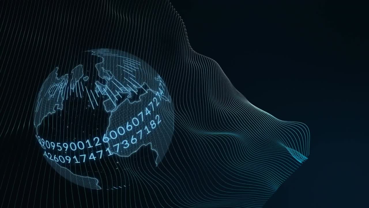 animación de un globo gris con líneas radiantes y números crecientes que giran sobre fondo negro con un