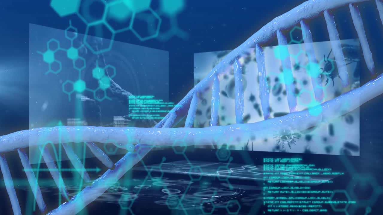 Dna structure spinning against screens on medical data processing on blue background