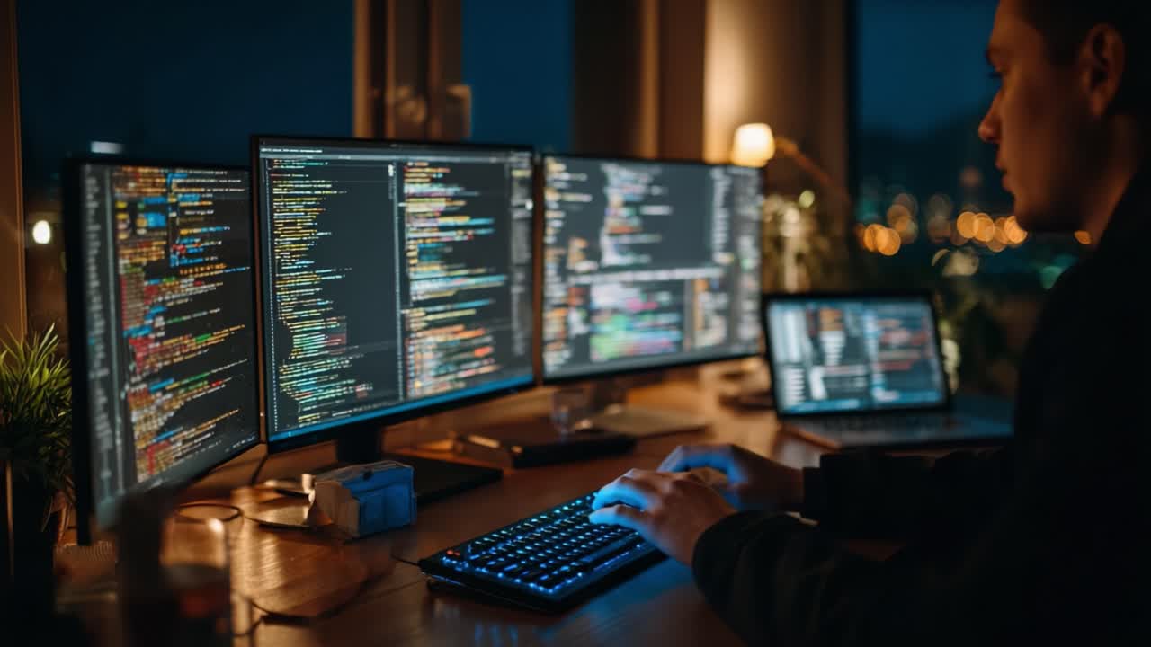 A Programmer's Nighttime Workspace: Immersive Coding Environment with Multiple Monitors and a Laptop Displaying Complex Code in a Cozy, Modern Setting