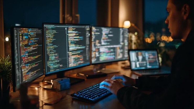 A Programmer's Nighttime Workspace: Immersive Coding Environment with Multiple Monitors and a Laptop Displaying Complex Code in a Cozy, Modern Setting
