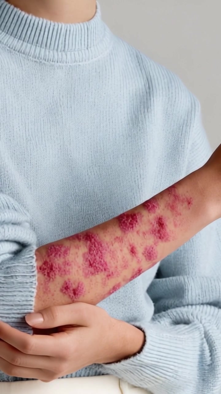 Esplorando l'impatto delle condizioni della pelle: una vista ravvicinata dei sintomi della psoriasi sul braccio di un paziente, che evidenzia le sfide emotive e fisiche affrontate quotidianamente