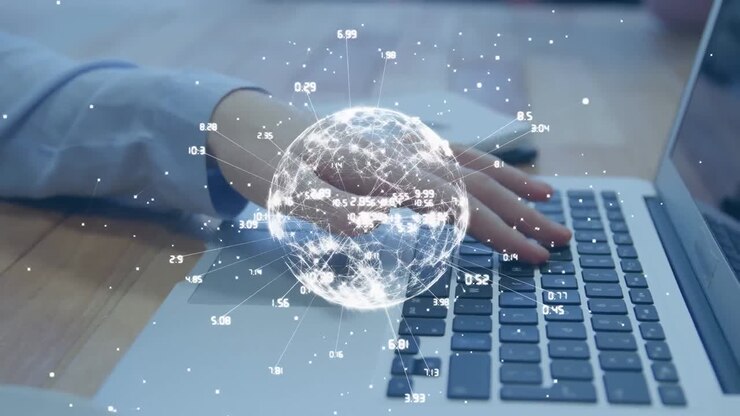 Animation of globe with network of connections over woman using laptop