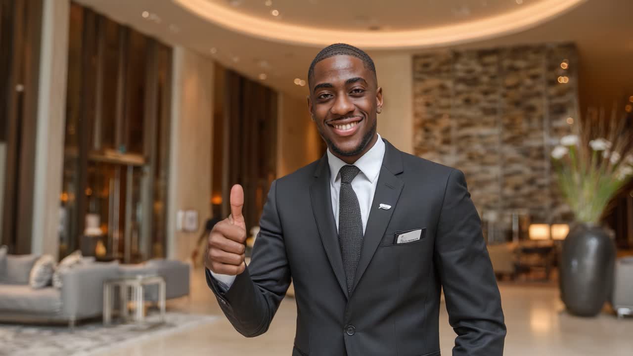 A Confident Professional in Formal Attire Poses Cheerfully While Offering a Thumbs-Up Gesture in a Modern Luxurious Lobby Setting