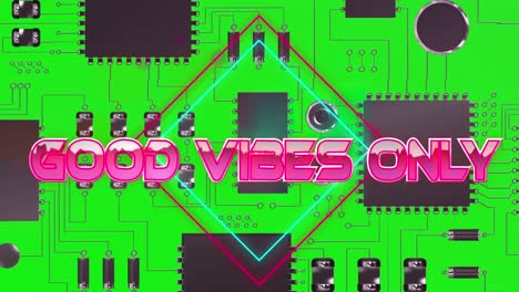 Animation-of-pink-metallic-text-good-vibes-only,-over-neon-lines,-on-green-computer-motherboard