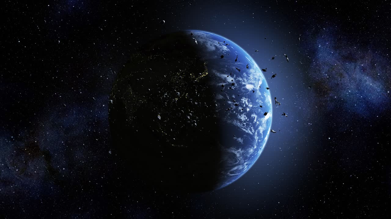 земля ночью, в космосе с обломками