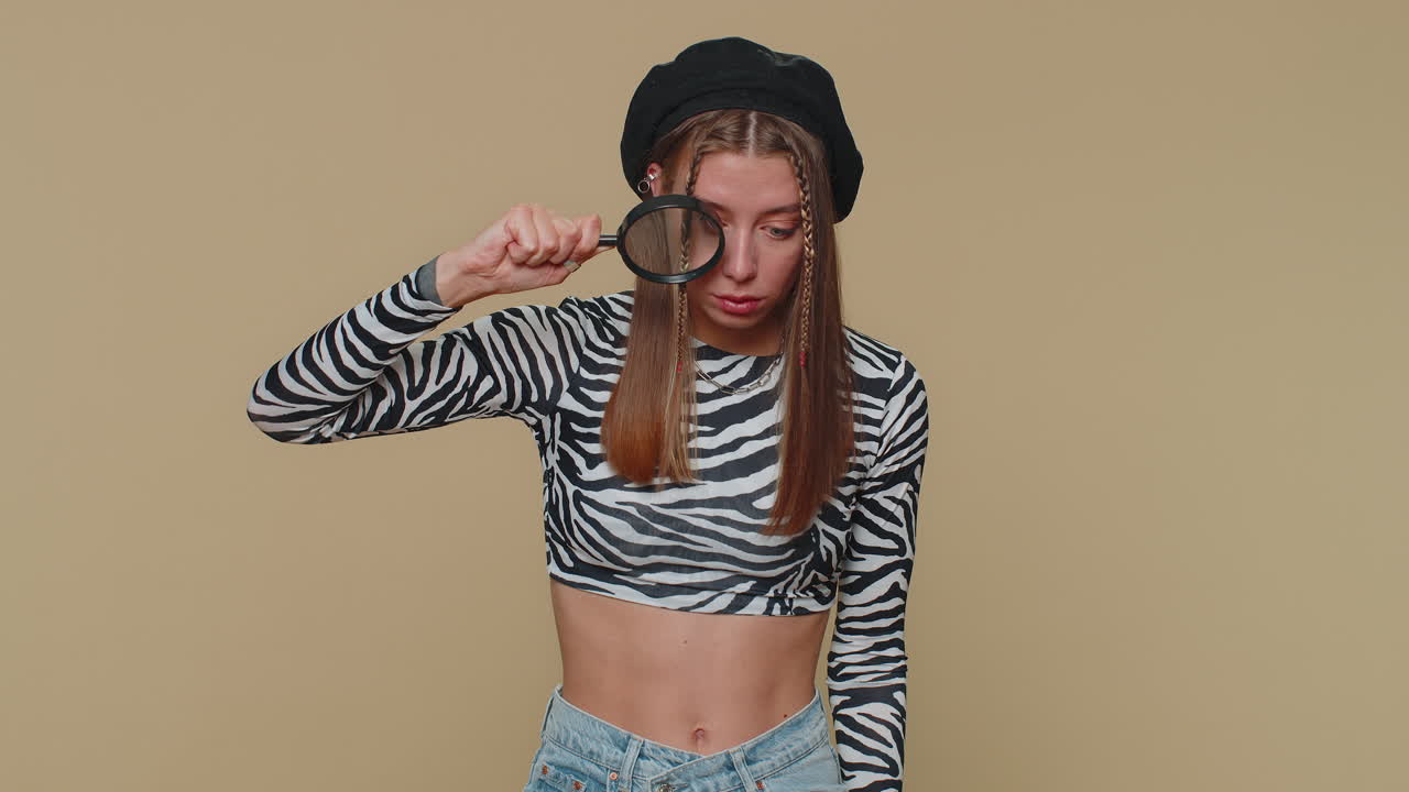 investigadora científica mujer sosteniendo una lupa cerca de la cara, mirando a la cámara con un gran ojo zoomado