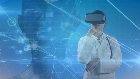 Modell-Des-Menschlichen-Kopfes-Und-Datenverarbeitung-Gegen-Einen-Arzt-Mithilfe-Eines-Virtual-Reality-Headsets