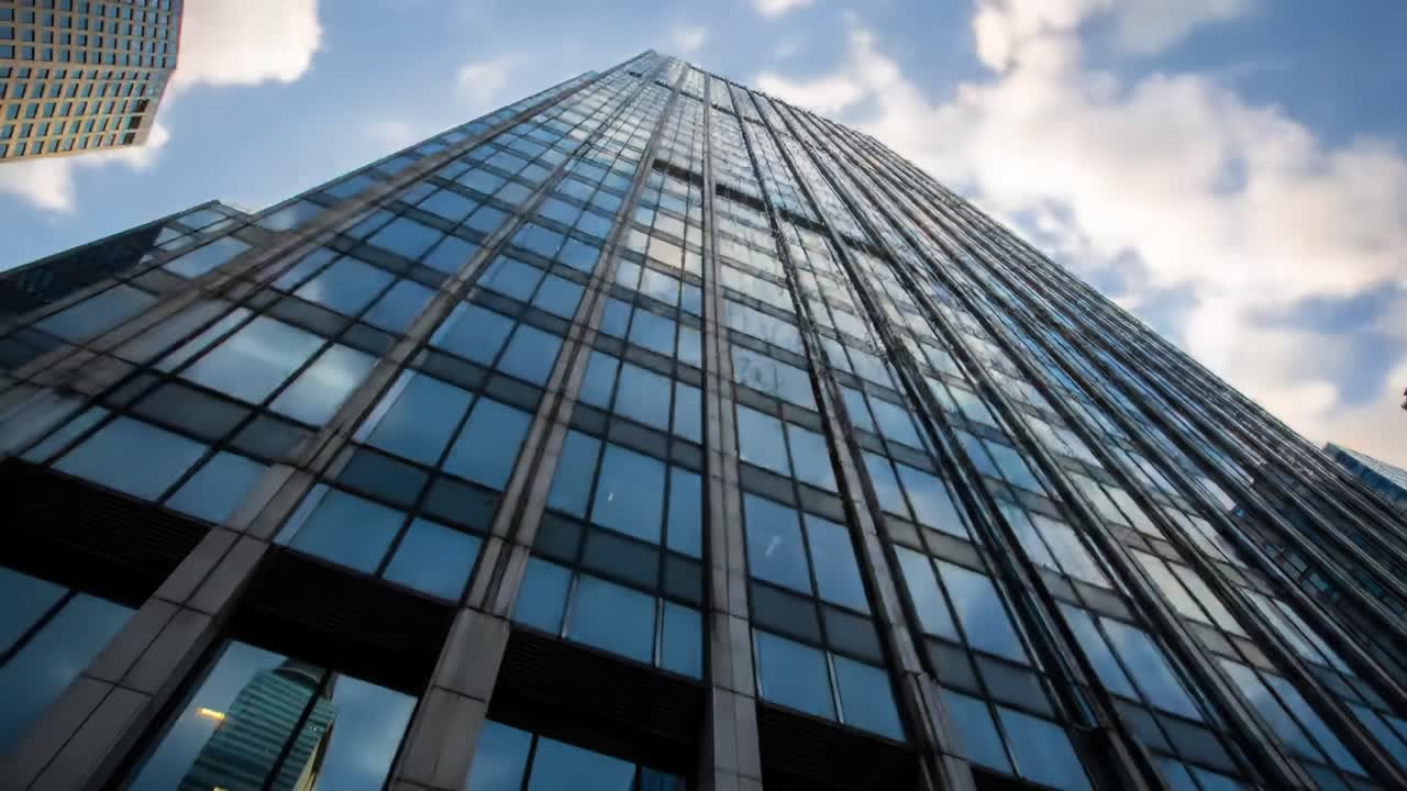 Gaze at the stunning glass facade of a towering skyscraper amid a vibrant urban landscape, showcasing contemporary architectural design against a cloud-filled sky.
