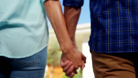 mid section of couple walking hand in hand in house garden