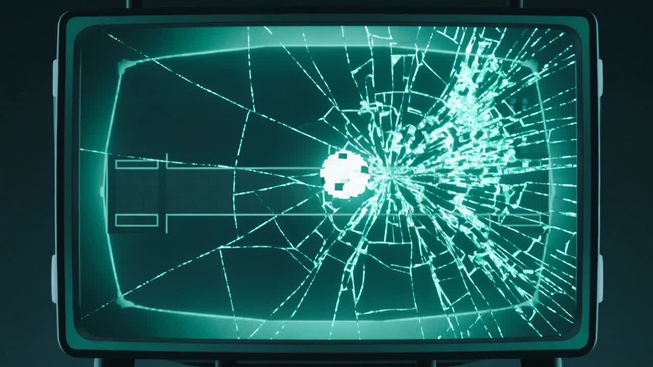Esfera de pixel em movimento viajando após atualização ao longo de trilhos em um rack CRT, atingindo um suporte e quebrando o vidro.